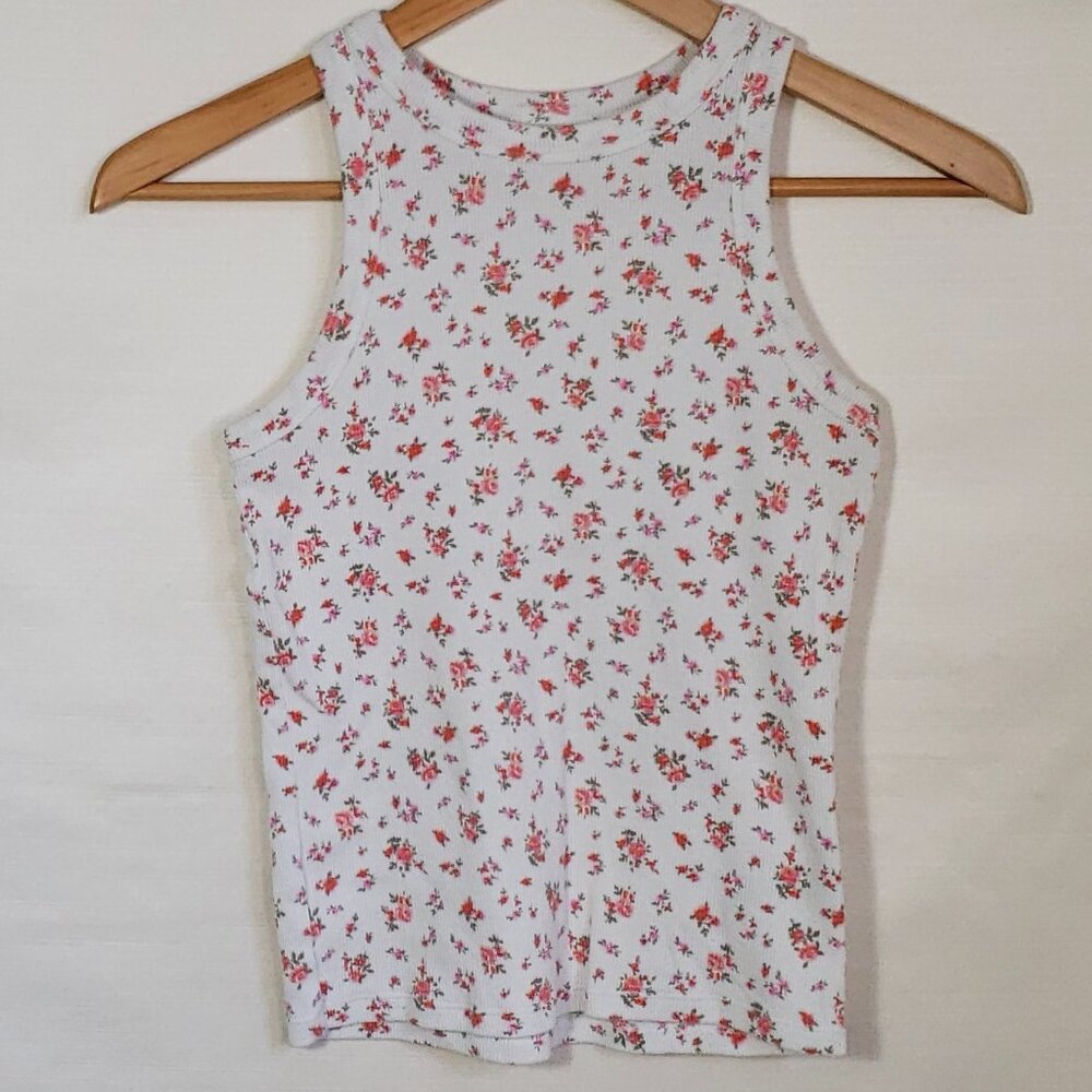 Girls XL Ditsy floral print white mini rib tank top